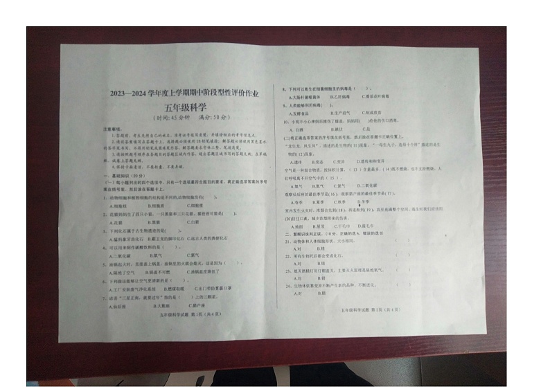 山东省济南市钢城区2023-2024学年五年级上学期11月期中科学试题01