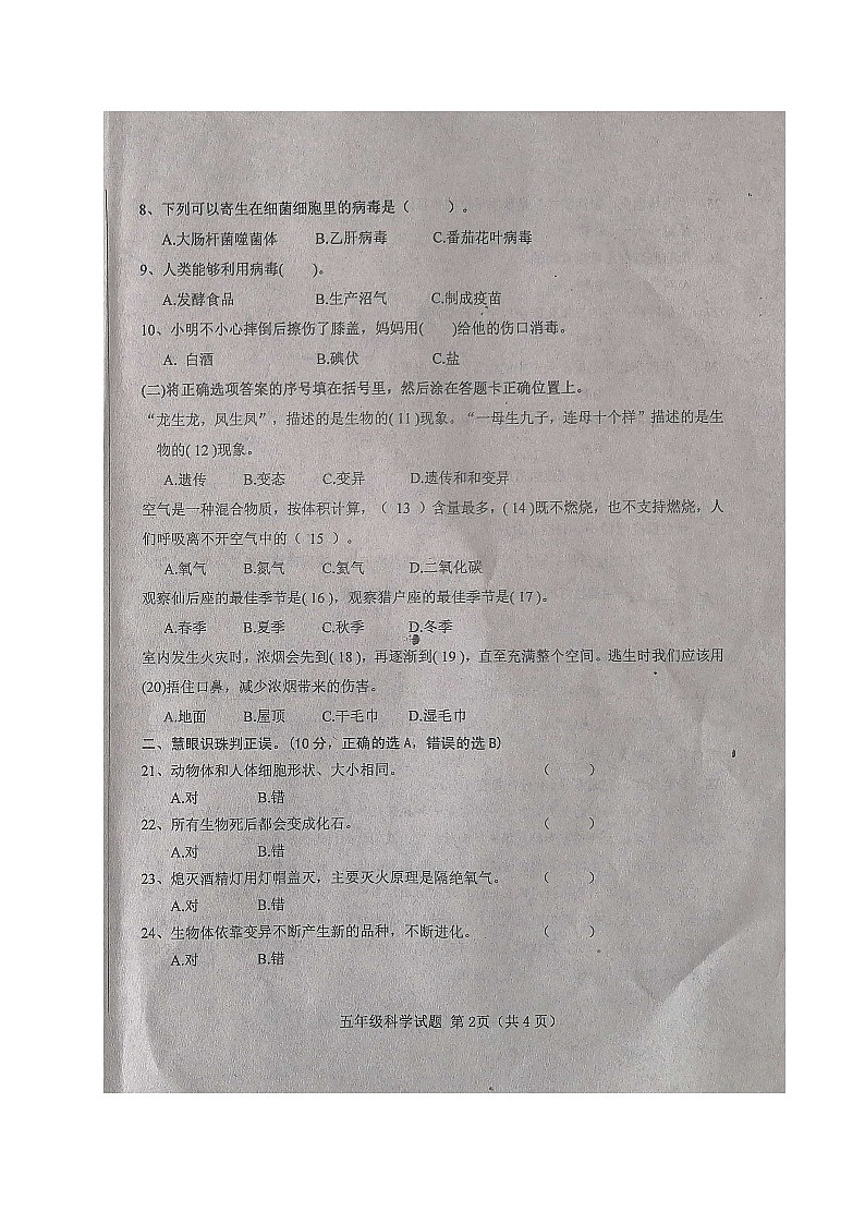 山东省济南市钢城区2023-2024学年五年级上学期期中考试科学试题02