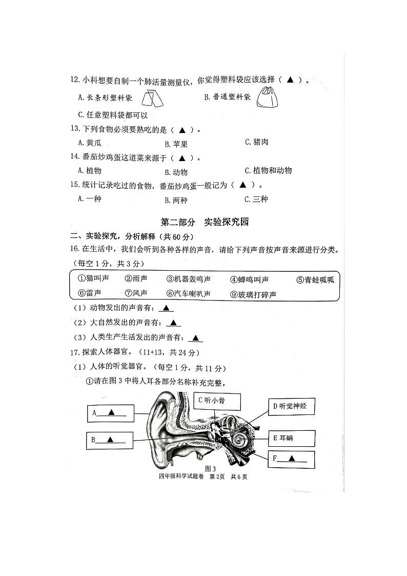 浙江省丽水市庆元县部分校2023-2024学年四年级上学期期中检测科学试题第2页