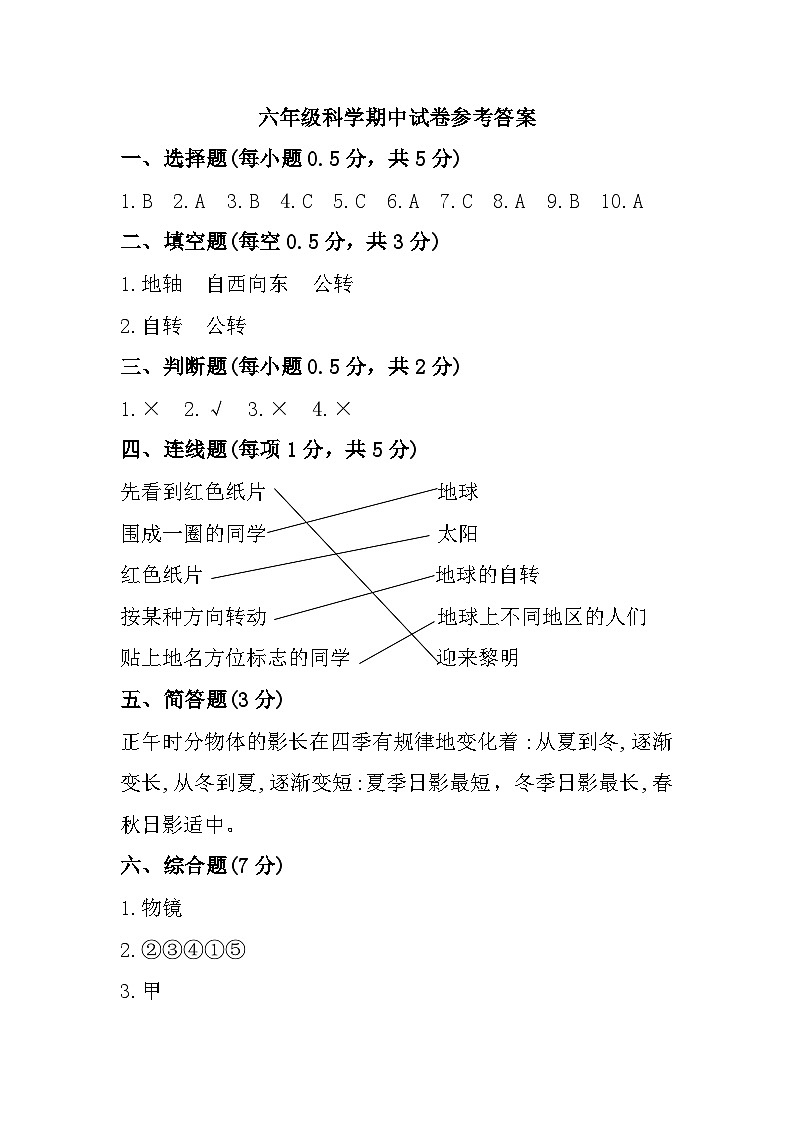 山东省菏泽市牡丹区2023-2024学年六年级上学期期中阶段性评价科学试题参考答案第1页