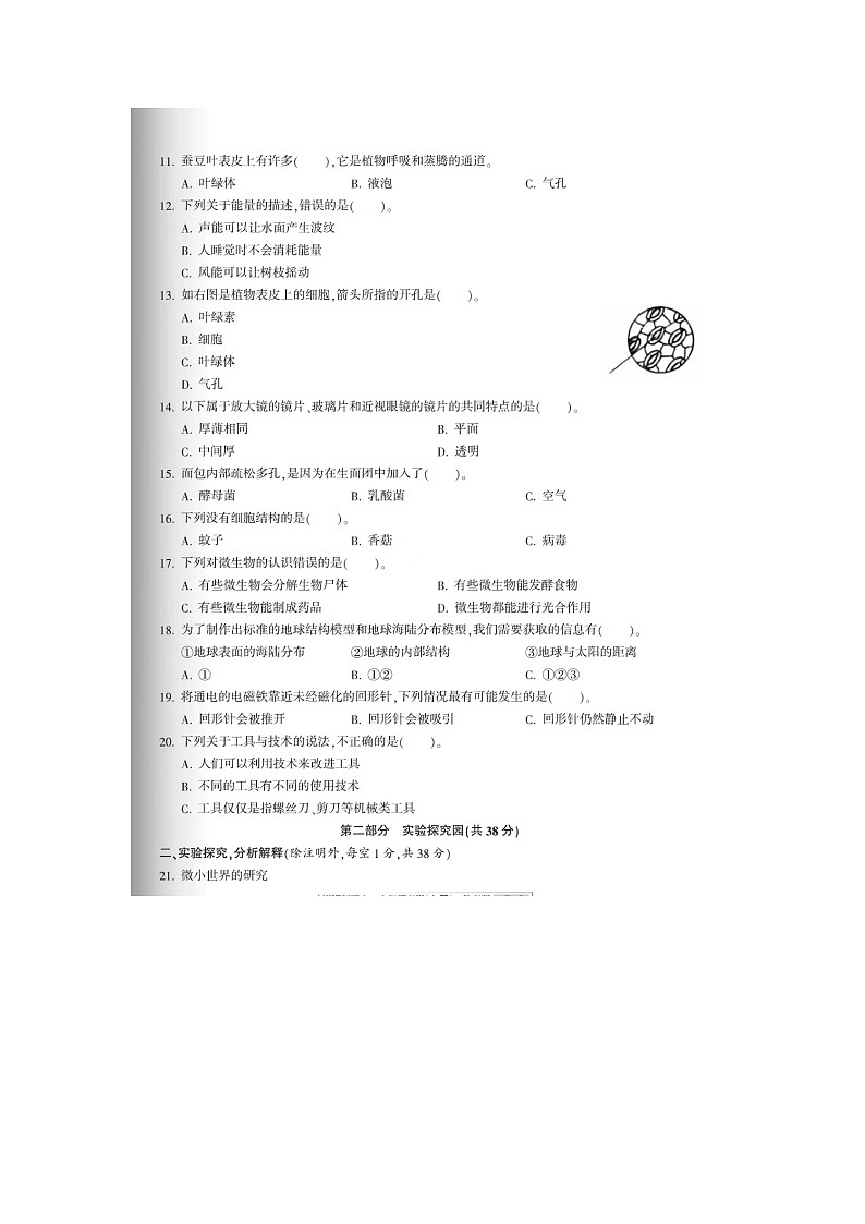 浙江省丽水市2022-2023学年六年级上学期科学期末试卷02