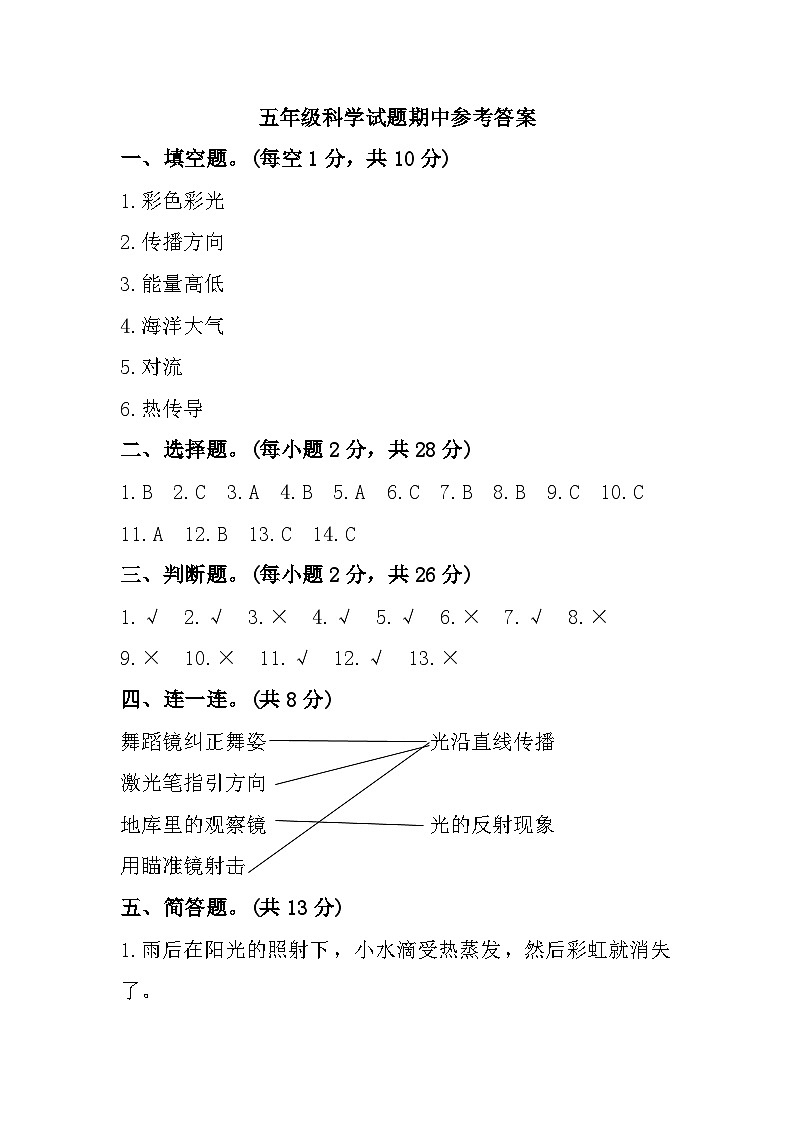 山东省临沂市兰陵县2023-2024学年五年级上学期期中教学质量评估科学试题参考答案第1页