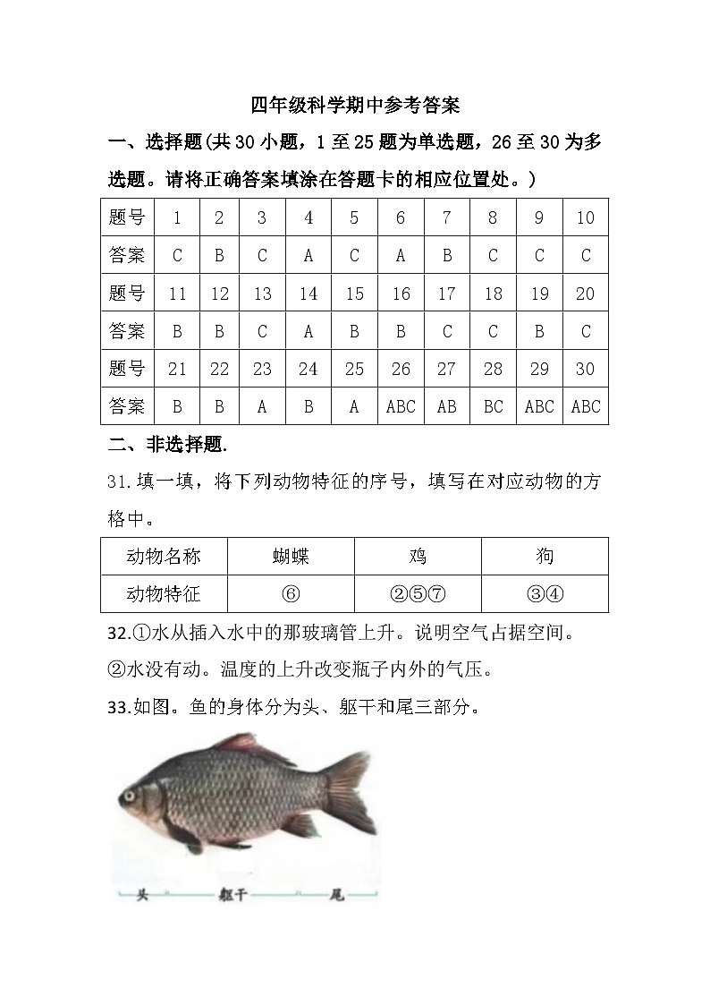 山东省青岛市胶州市2023-2024学年四年级上学期期中质量监测科学试题01
