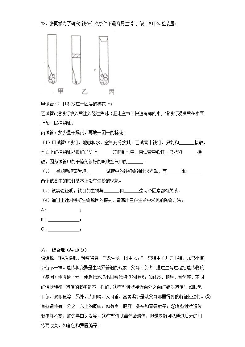 苏教版六年级科学上册期中质量测试卷（三）附答案03