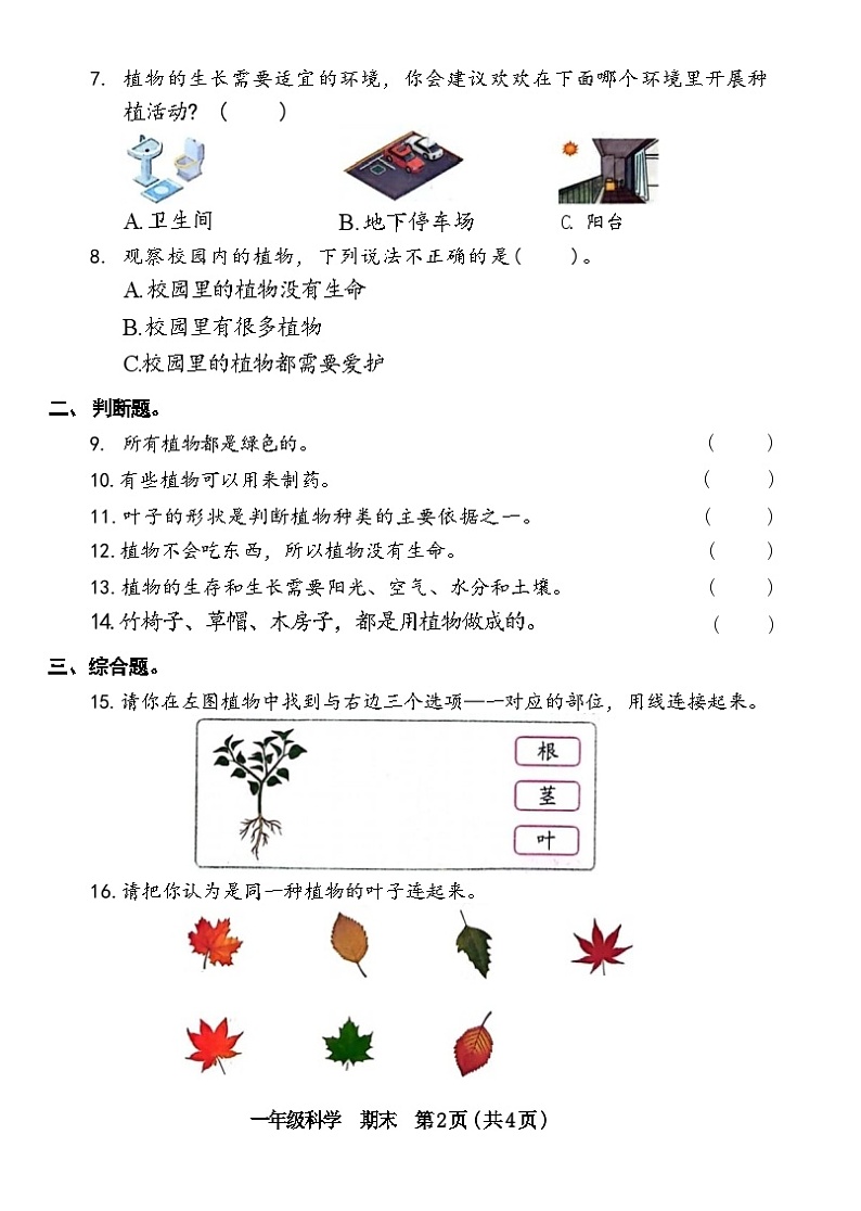 广东省深圳市坪山区2023-2024学年一年级上学期期末科学试卷02