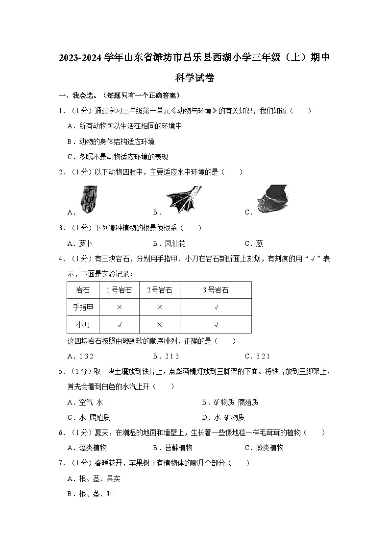 2023-2024学年山东省潍坊市昌乐县西湖小学三年级上学期期中科学试卷（含答案解析）01