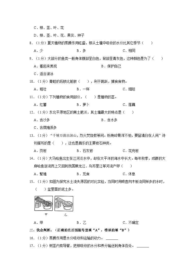 2023-2024学年山东省潍坊市昌乐县西湖小学三年级上学期期中科学试卷（含答案解析）02