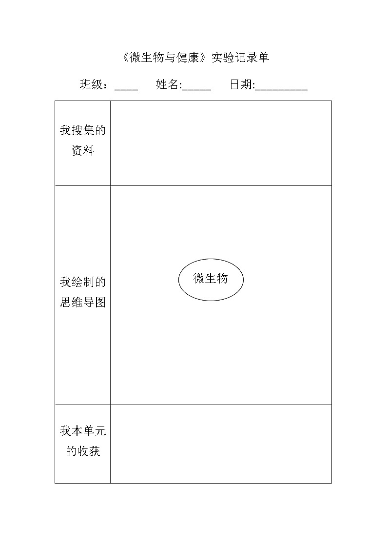 六年级上册课件7微生物与健康实验记录单第1页