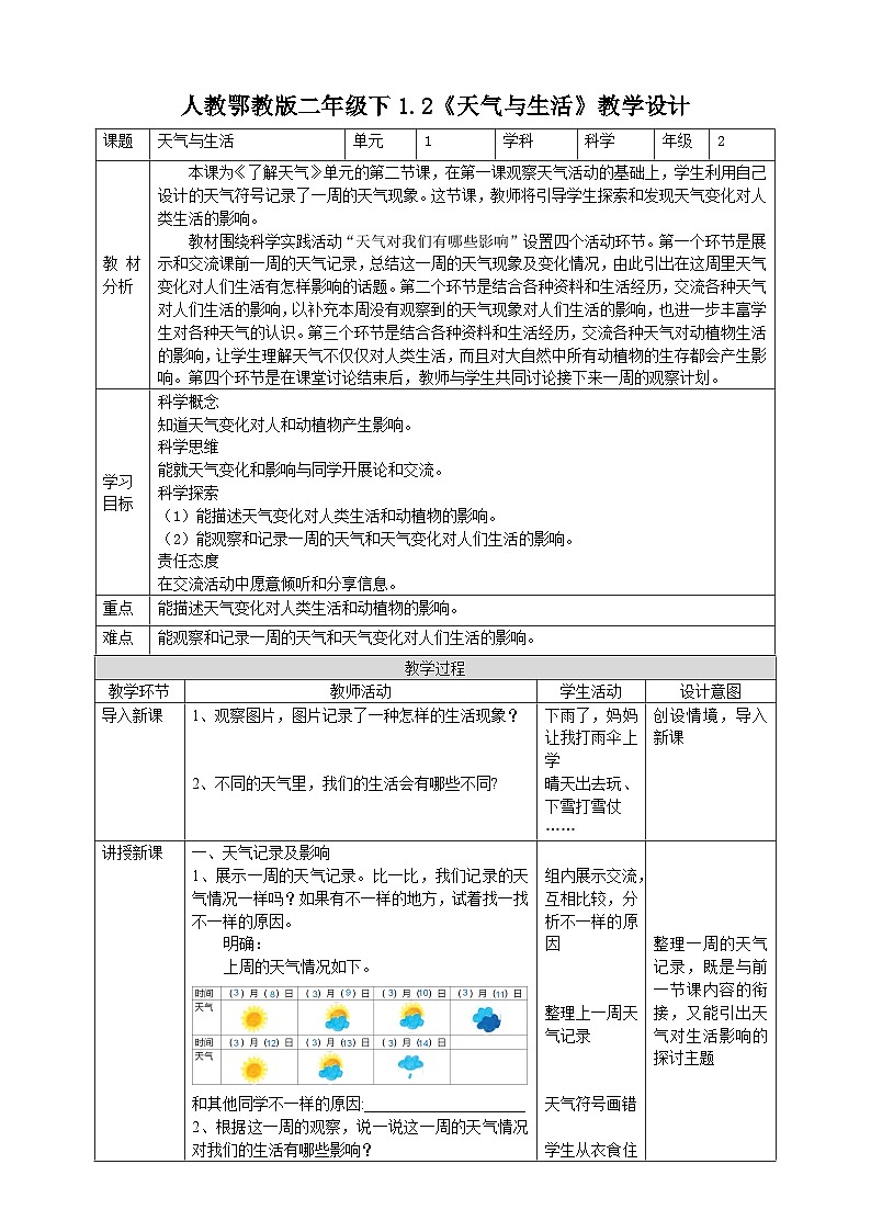 【人教鄂教版】二下科学  1.2《天气与生活》课件+教案+练习01