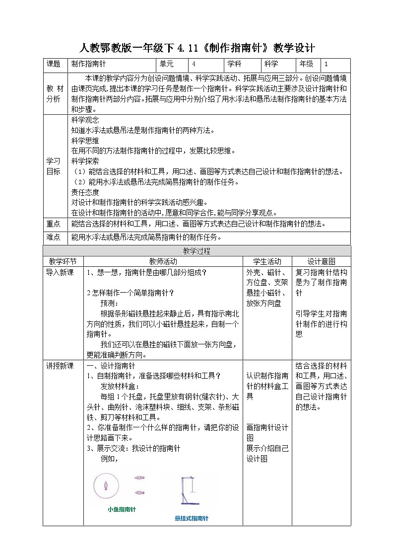 【人教鄂教版】一下科学  4.11《制作指南针》课件+教案+练习01