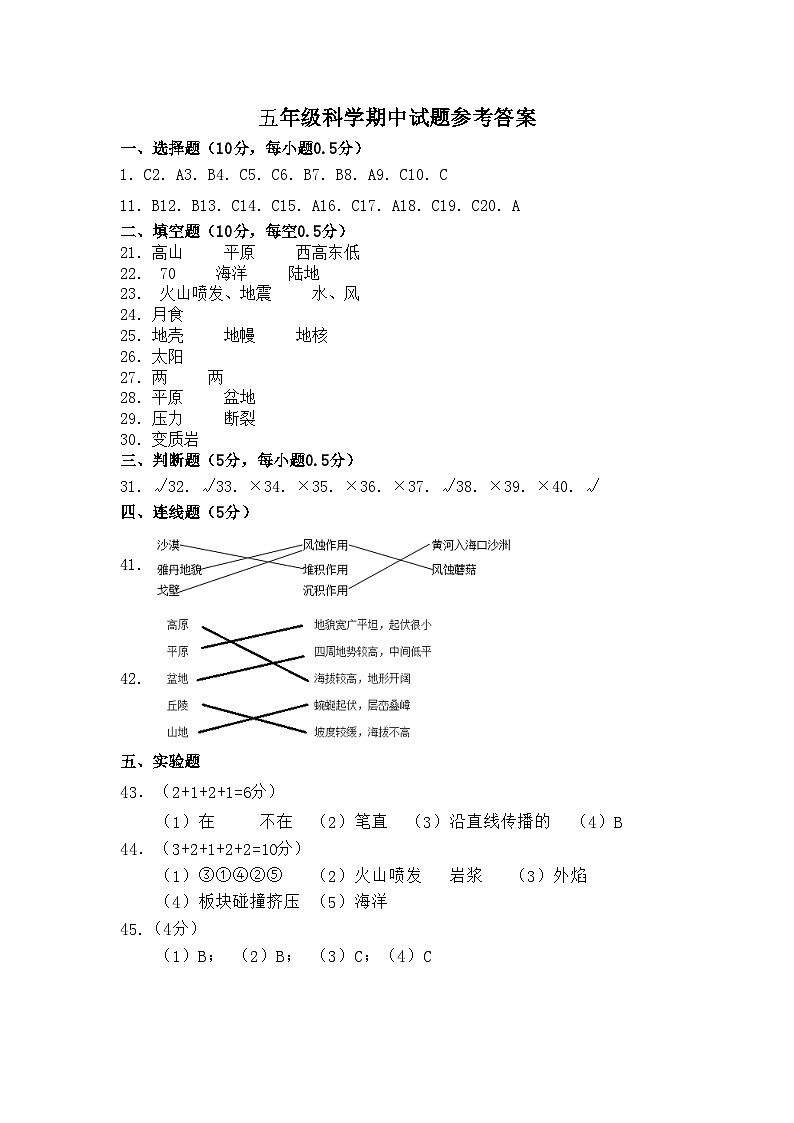 五年级科学期中试题参考答案第1页