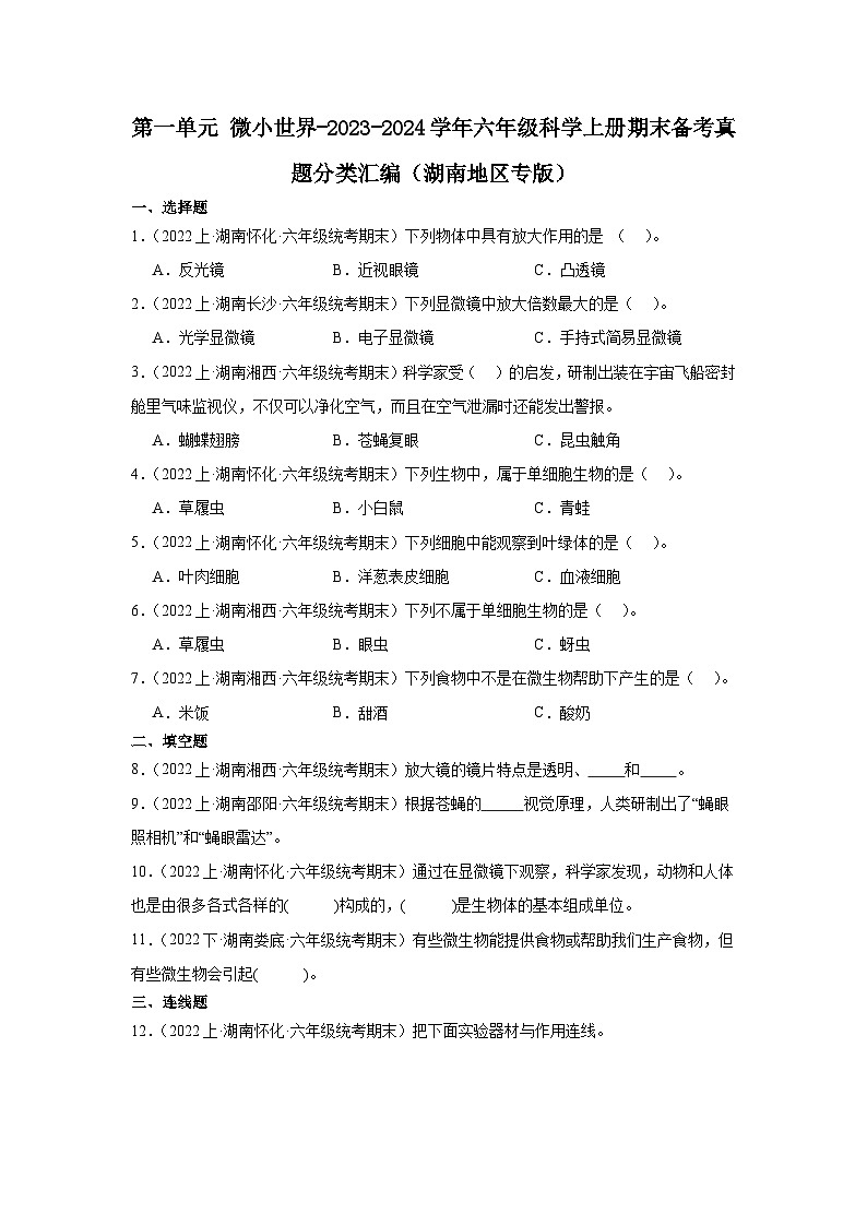 第一单元+微小世界-2023-2024学年六年级科学上册期末备考真题分类汇编（湖南地区专版）第1页