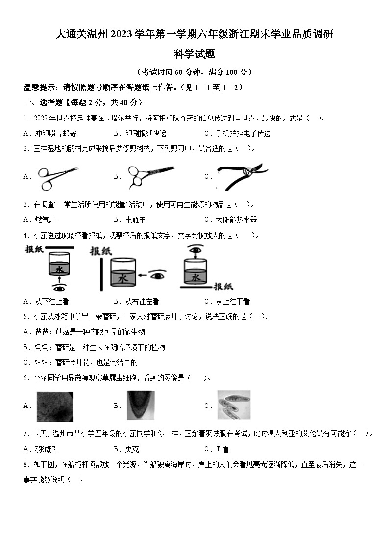 2022-2023学年浙江省温州市教科版六年级上册期末考试科学试卷（含解析）01
