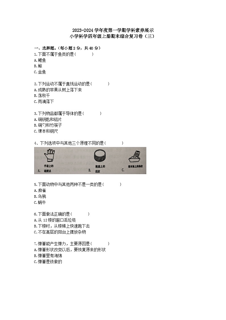 广东省韶关市曲江区2023—2024学年四年级上学期期末科学模拟试题301