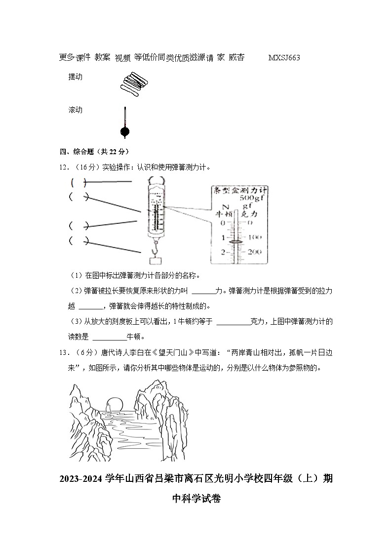山西省吕梁市离石区光明小学校2023-2024学年四年级上学期期中科学试卷02