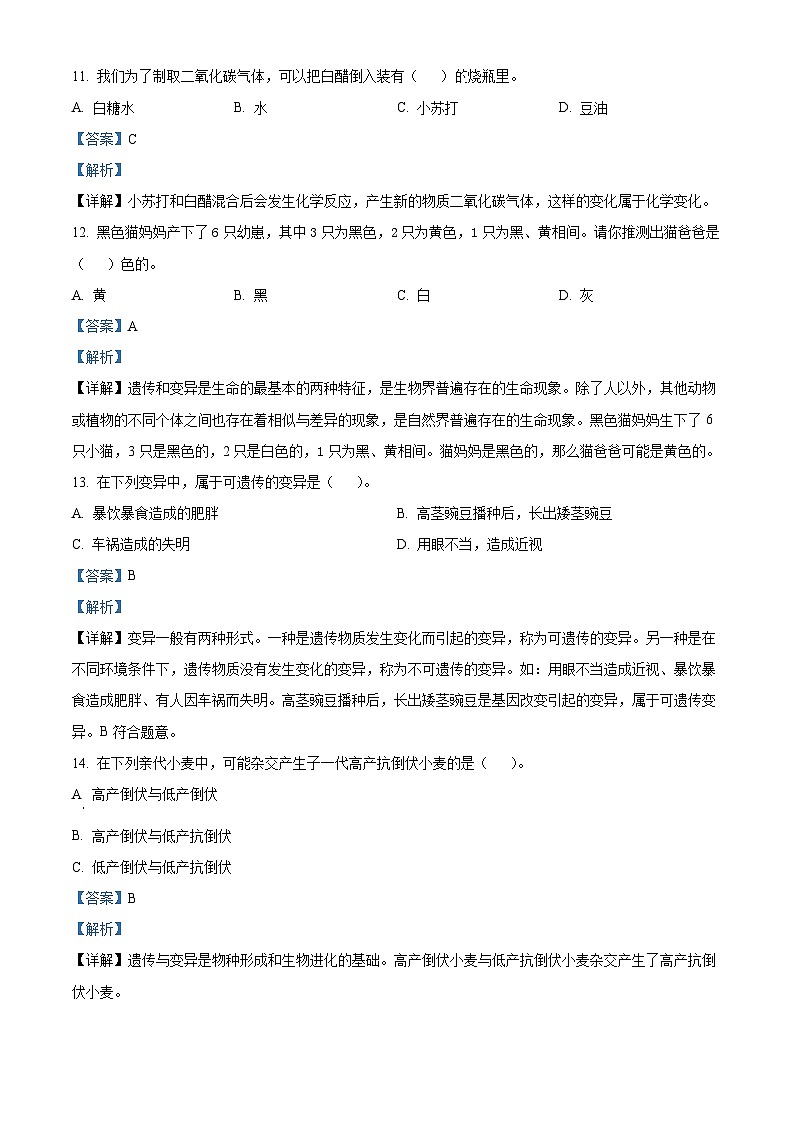 19，2022-2023学年四川资阳雁江区苏教版六年级上册期末考试科学试卷(1)第3页