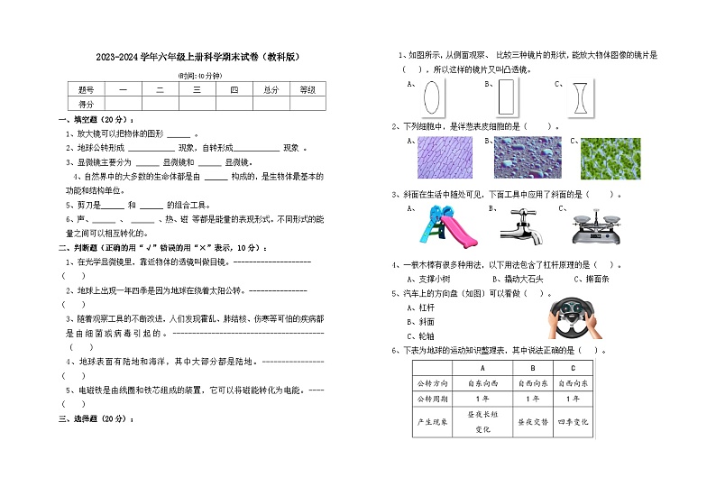 期末试卷（试题）六年级上册科学教科版第1页