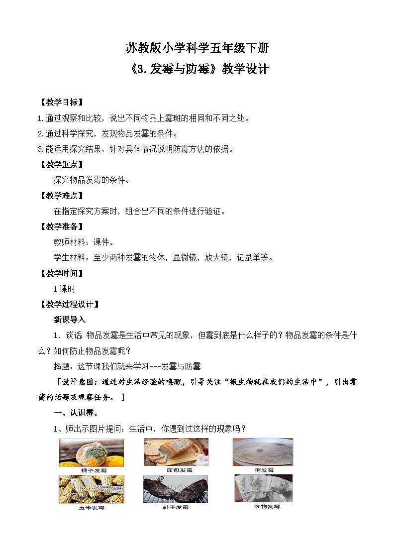 苏教版小学科学五年级下册《3.发霉与防霉》课件+教案+视频+作业（全套）01