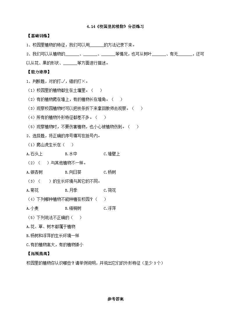 【新课标】4.14《校园里的植物》分层练习（含答案）第1页