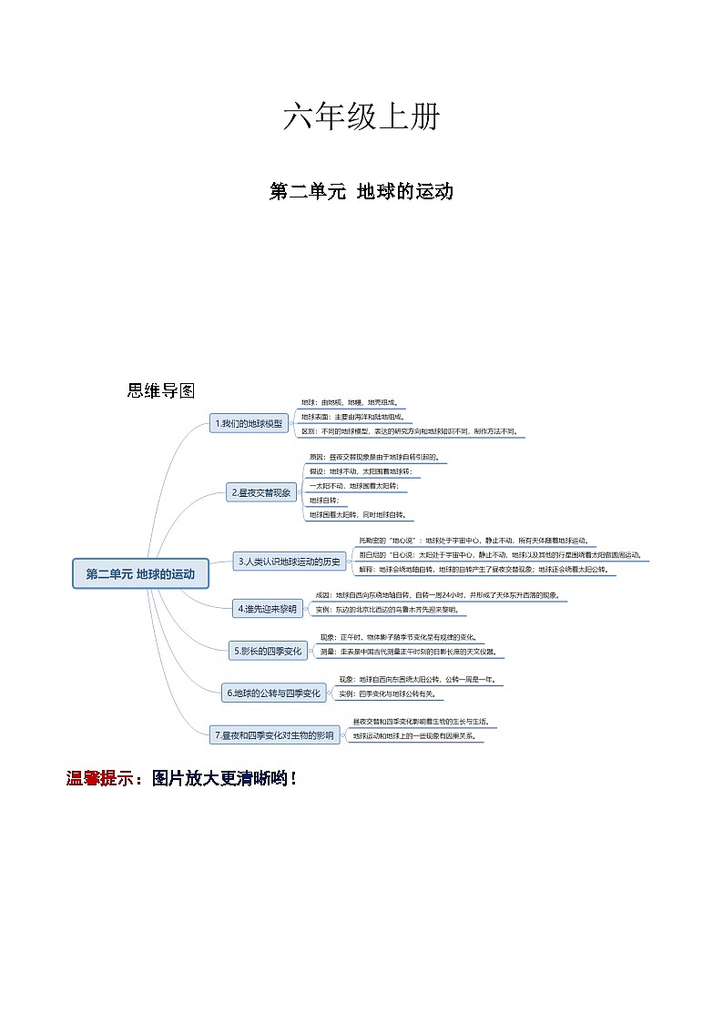 【寒假提升】教科版 小学科学 2023-2024学年 六年级 寒假专项训练 第二单元 地球的运动-练习01