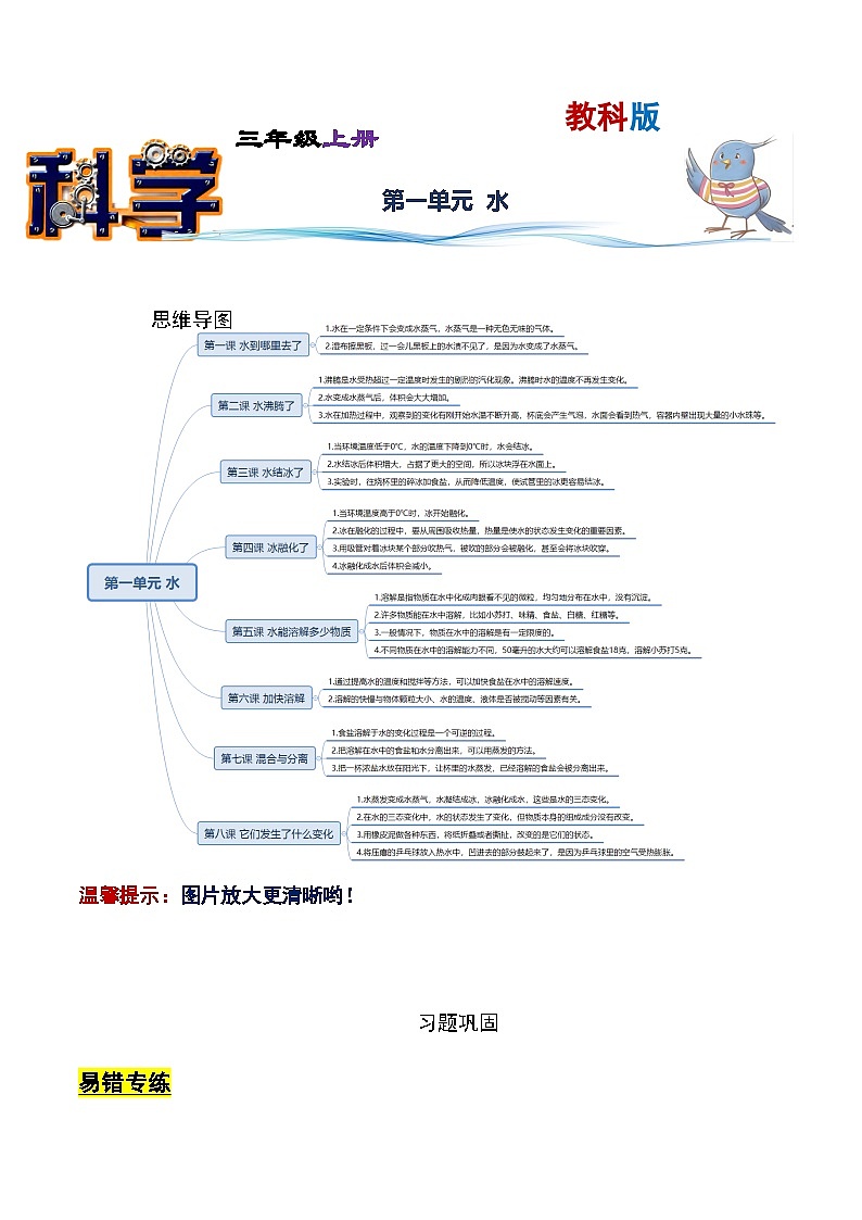 【寒假提升】教科版 小学科学 三年级  2023-2024学年寒假专项提升 第一单元+水-练习01