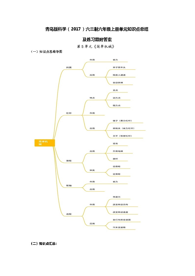 青岛版科学（2017）六三制六年级上册第5单元《简单机械》知识点总结及测试题第1页