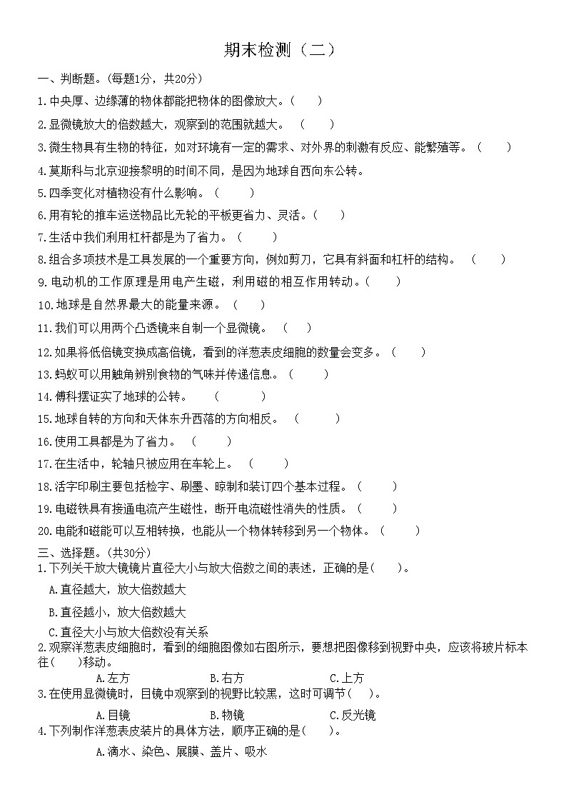 最新教科版六年级科学上册期末检测（二）第1页