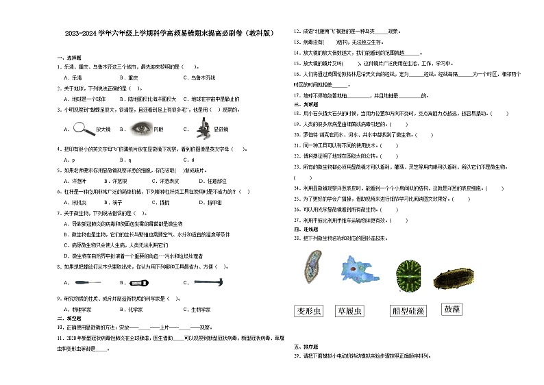 （期末押题卷）期末综合测试二模卷-2023-2024学年六年级上学期科学高频易错期末提高必刷卷（教科版）01