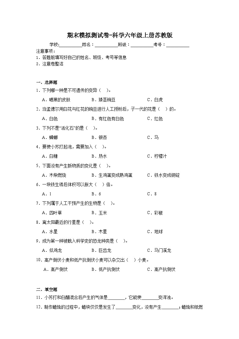 期末模拟测试卷-科学六年级上册苏教版第1页