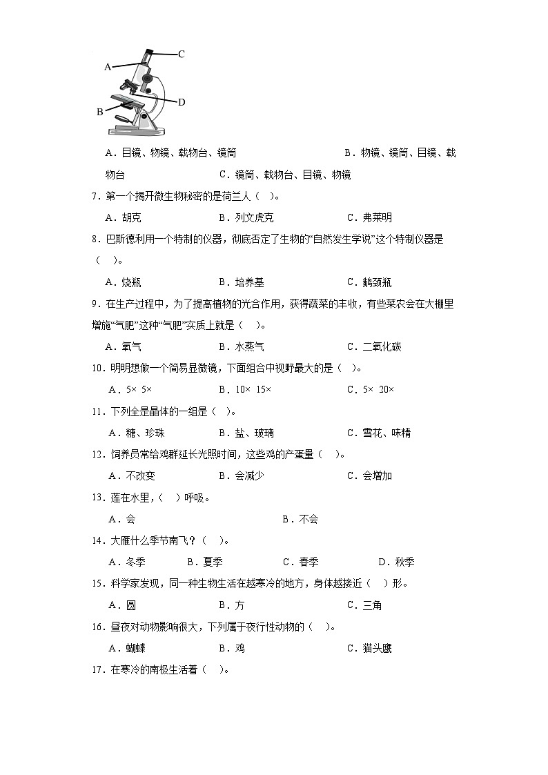 2023-2024学年六年级上册科学选择题专项测试卷（三）（教科版）（含解析）第2页
