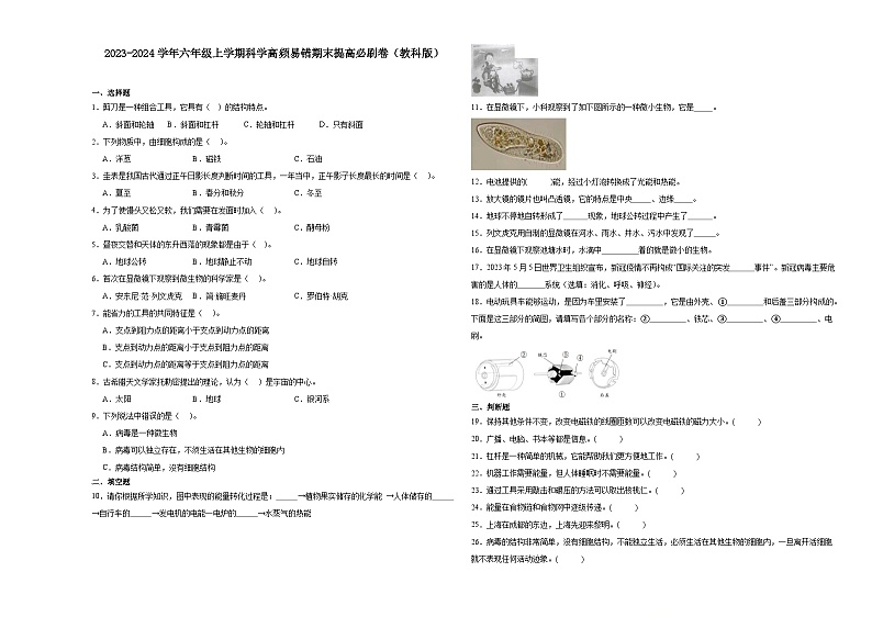 （期末押题二模卷）期末综合测试预测卷-2023-2024学年六年级上学期科学高频易错期末提高必刷卷（教科版）01