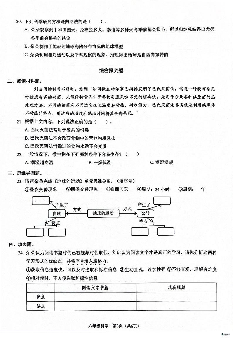 广东省深圳市福田区2023-2024学年六年级上学期1月期末科学试题第3页