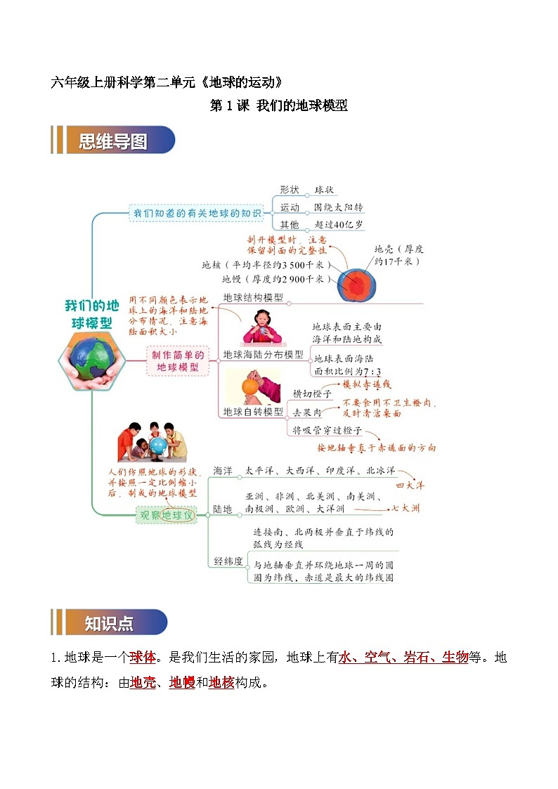 第2单元 地球的运动-2023-2024学年六年级科学上册期中期中专项复习（教科版）01