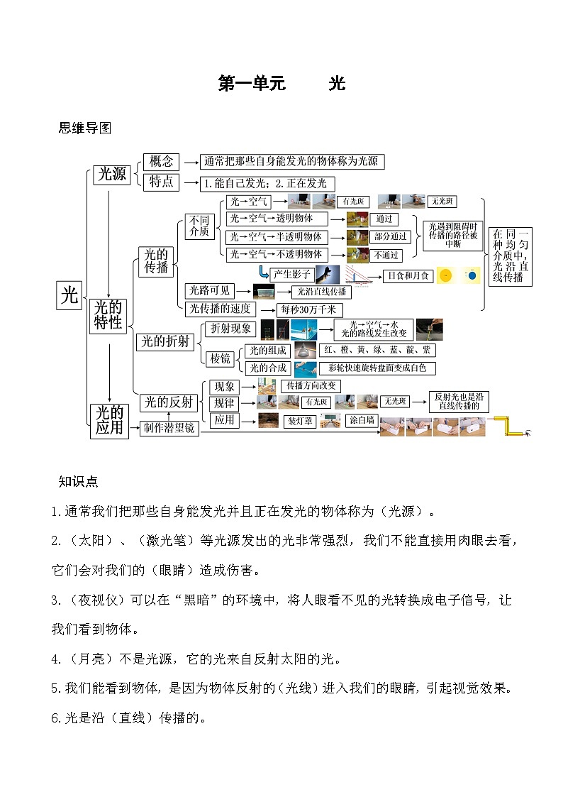 第1单元  光-2023-2024学年五年级科学上册期中专项复习（教科版）第1页