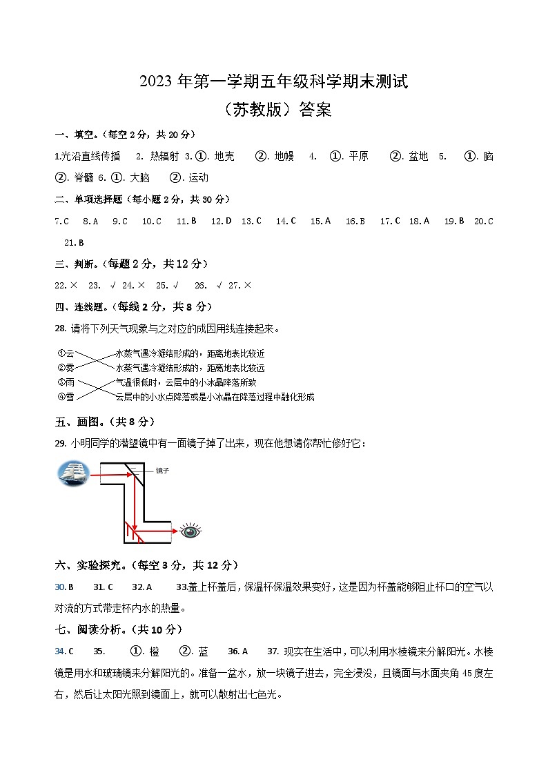 2023-2024学年五年级科学上册期末全真模拟基础卷（一）（苏教版）01