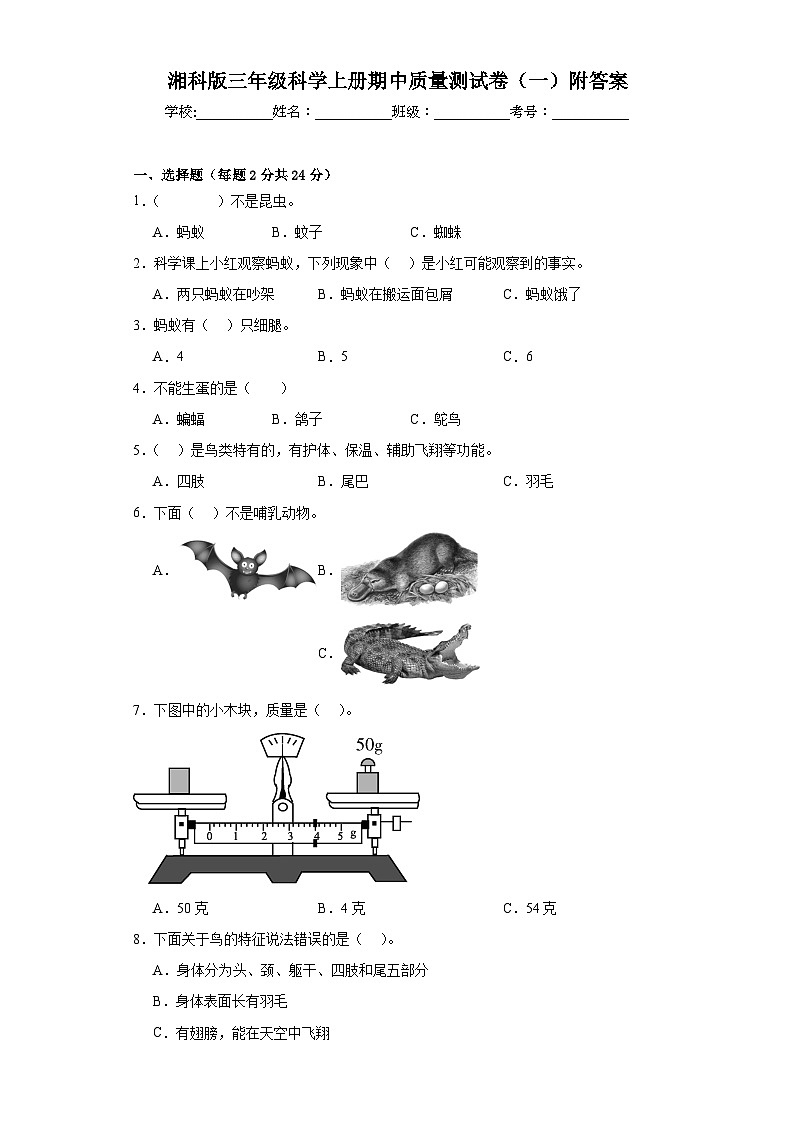 湘科版三年级科学上册期中质量测试卷（一）附答案第1页