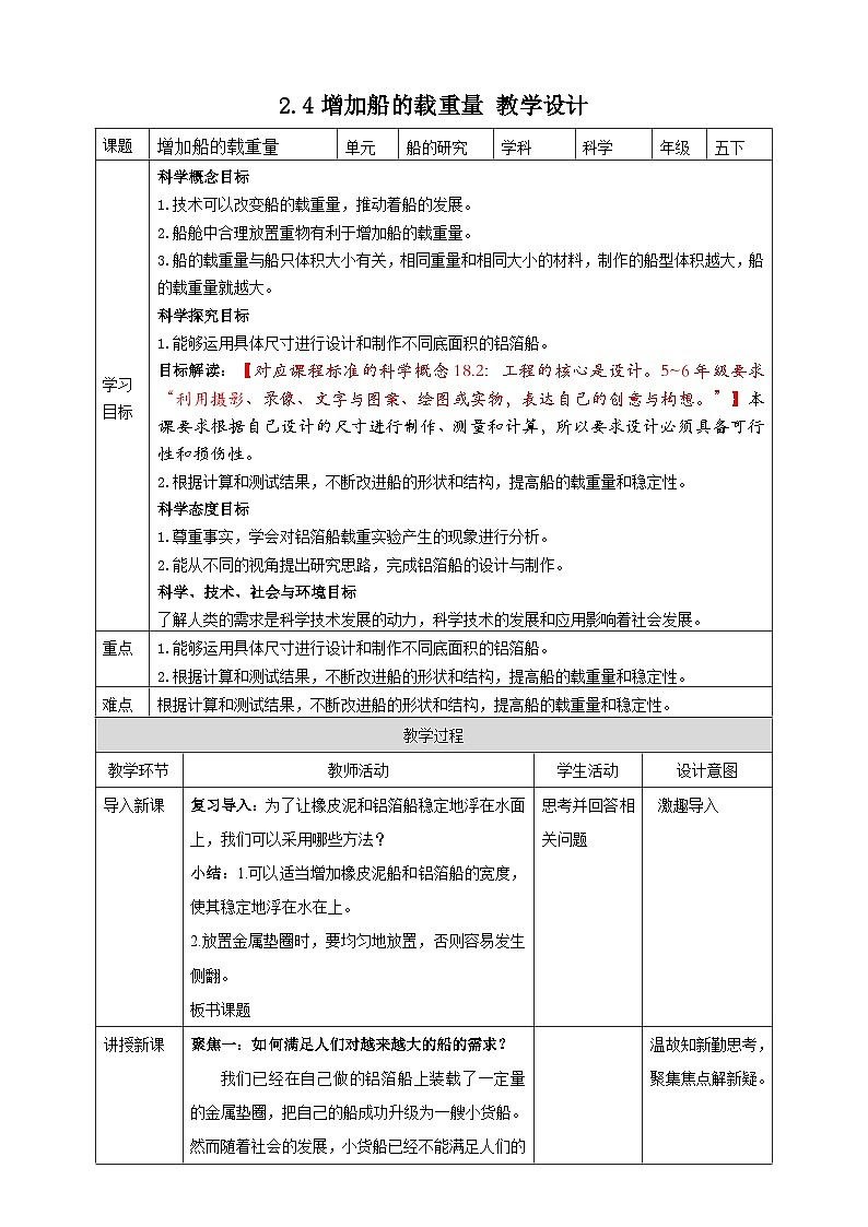 2.4《增加船的载重量》教案 教科版五年级科学下册01