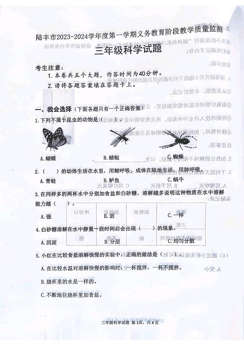 广东省汕尾市陆丰市2023-2024学年三年级上学期1月期末科学试题01