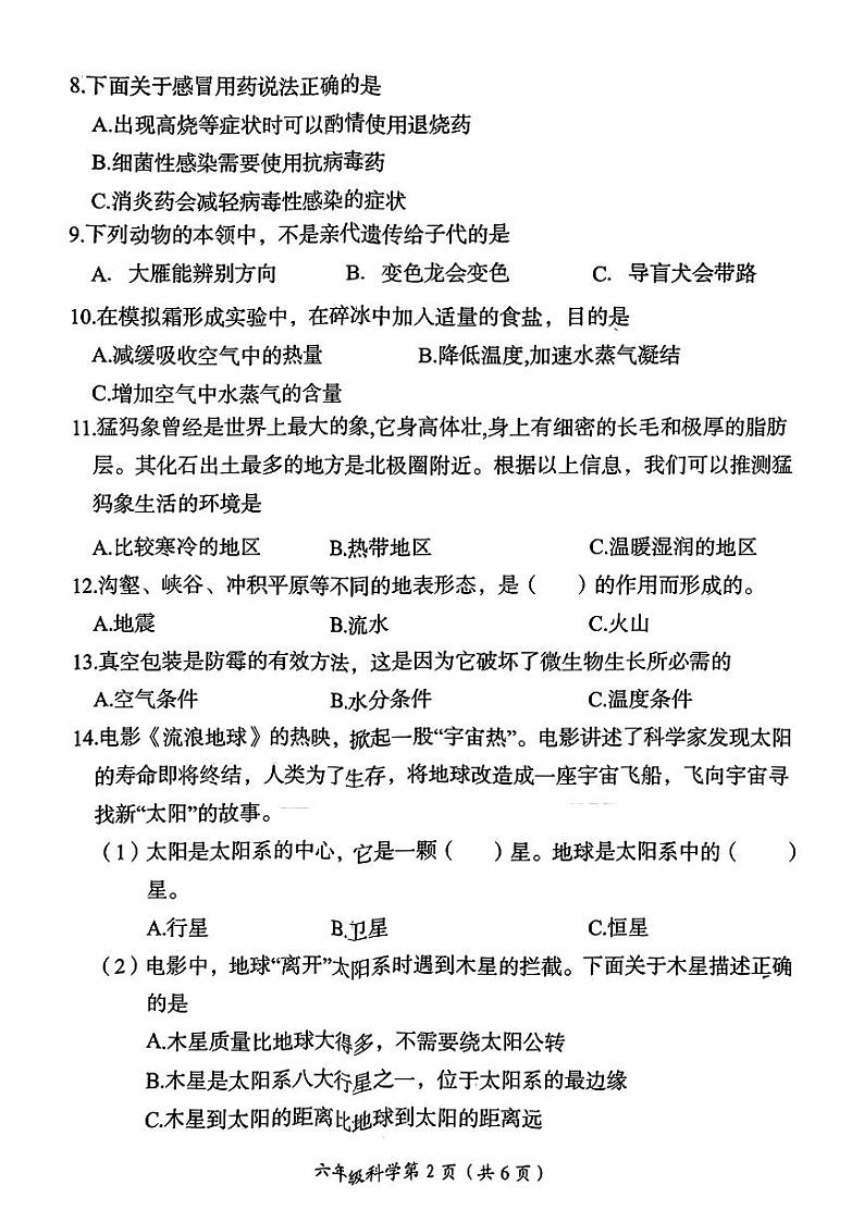 河南省洛阳市2023-2024学年六年级上学期1月期末科学试题02