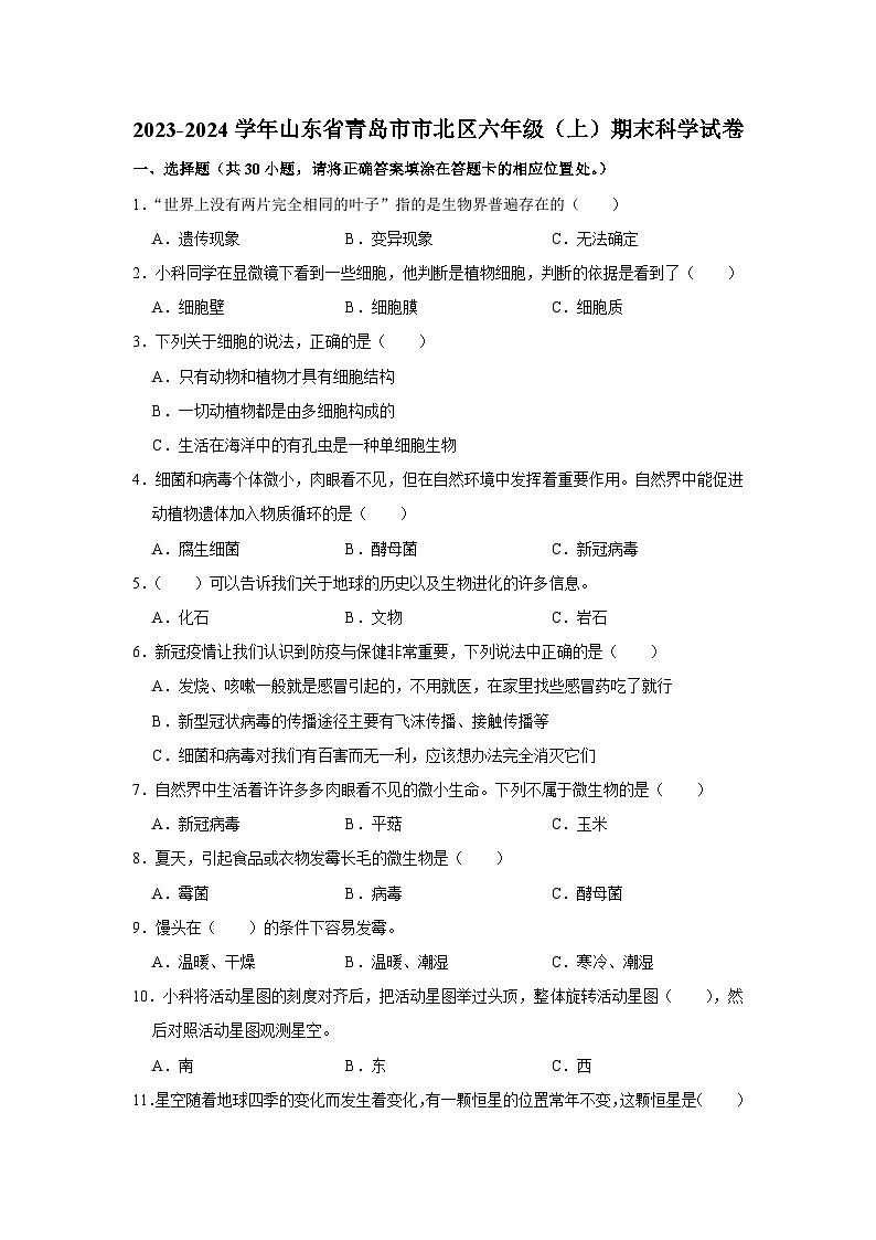 山东省青岛市市北区2023-2024学年六年级上学期期末科学试题01