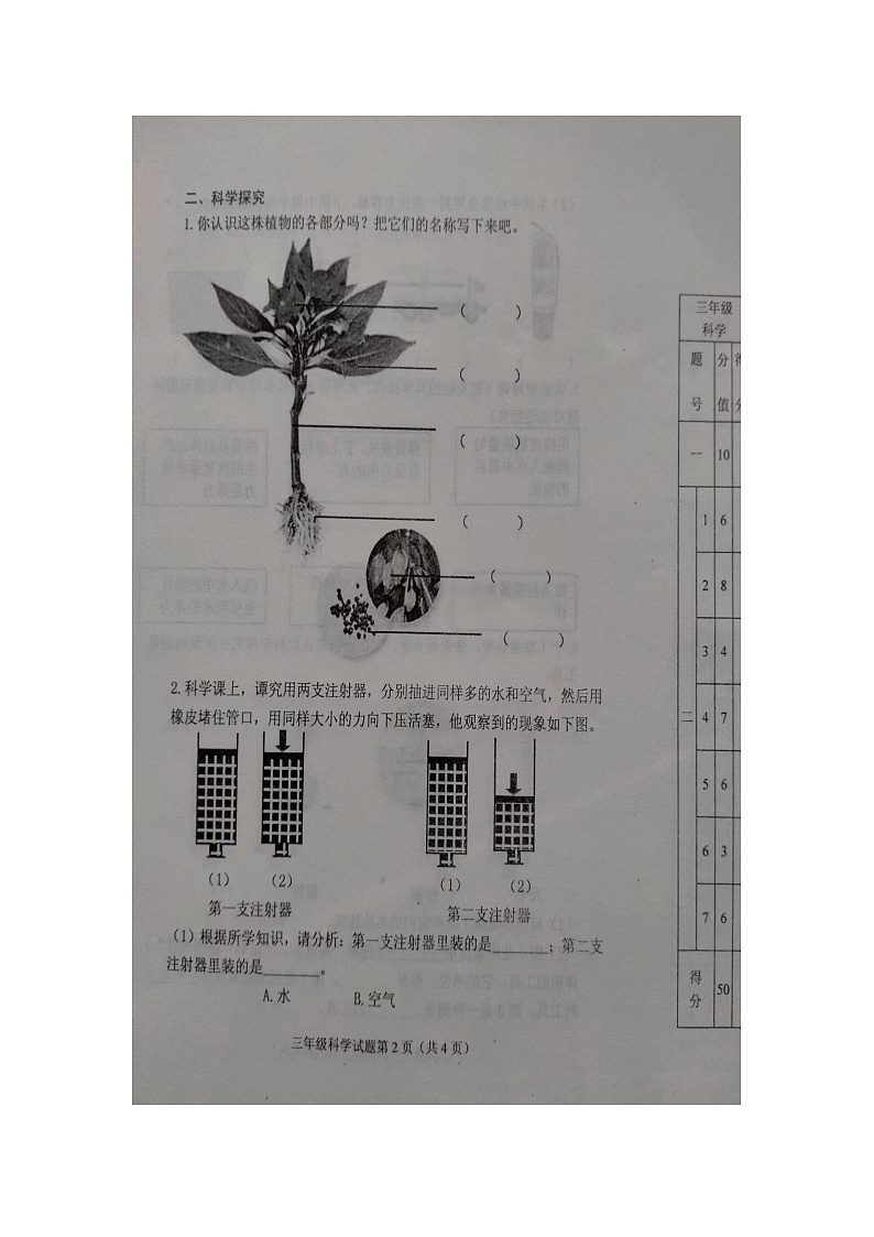 山东省泰安市肥城市2023-2024学年三年级上学期期末科学试卷第2页