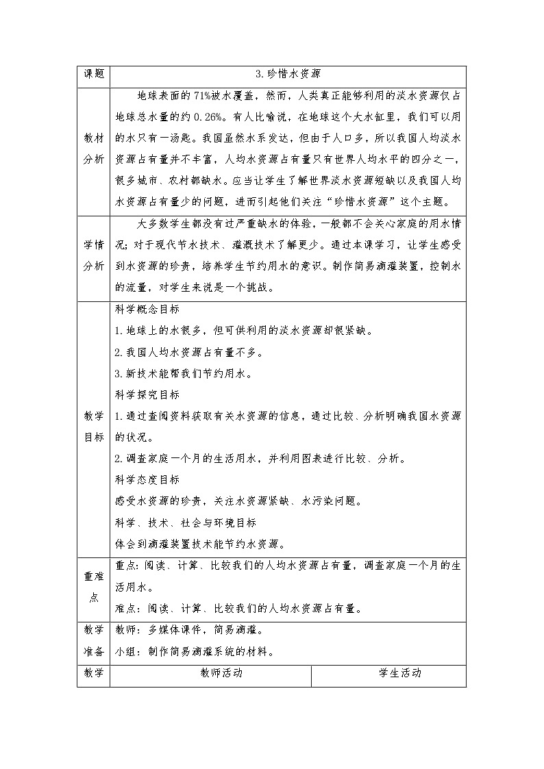 3.3《珍惜水资源》教案 - 五年级科学下册教科版第1页