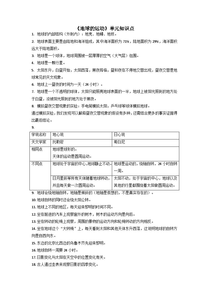 《地球的运动》知识点整理 （素材）六年级上册科学教科版第1页