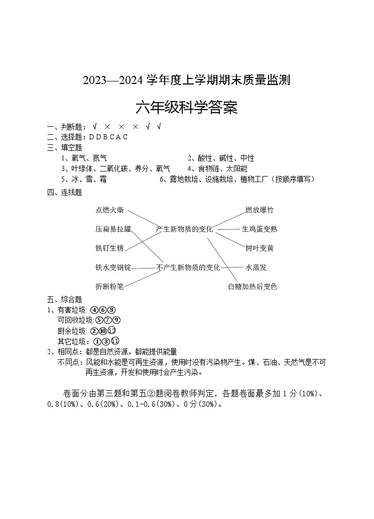 129，湖北省广水市2023-2024学年六年级上学期期末检测科学试题(2)01
