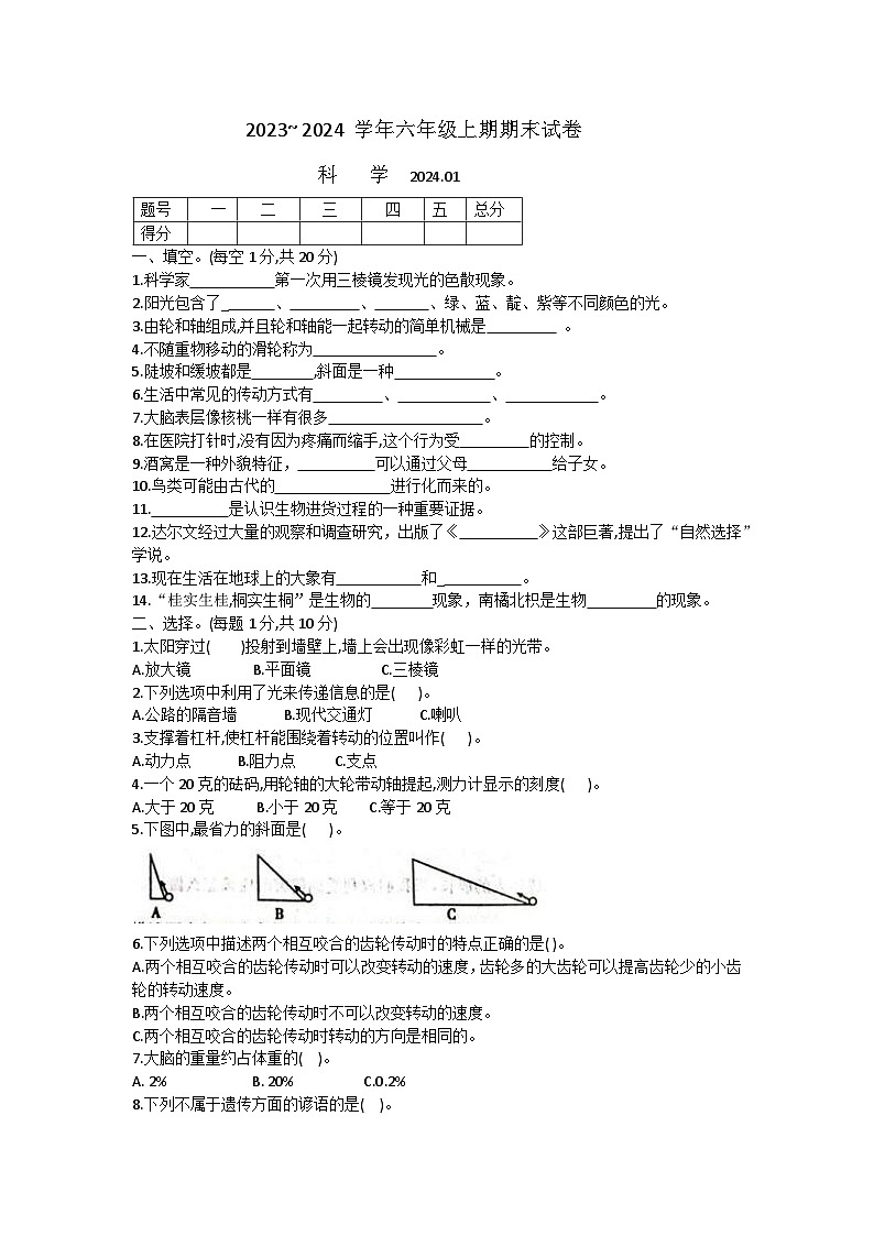 河南省新乡市辉县市2023～2024学年六年级上学期期末科学试卷01
