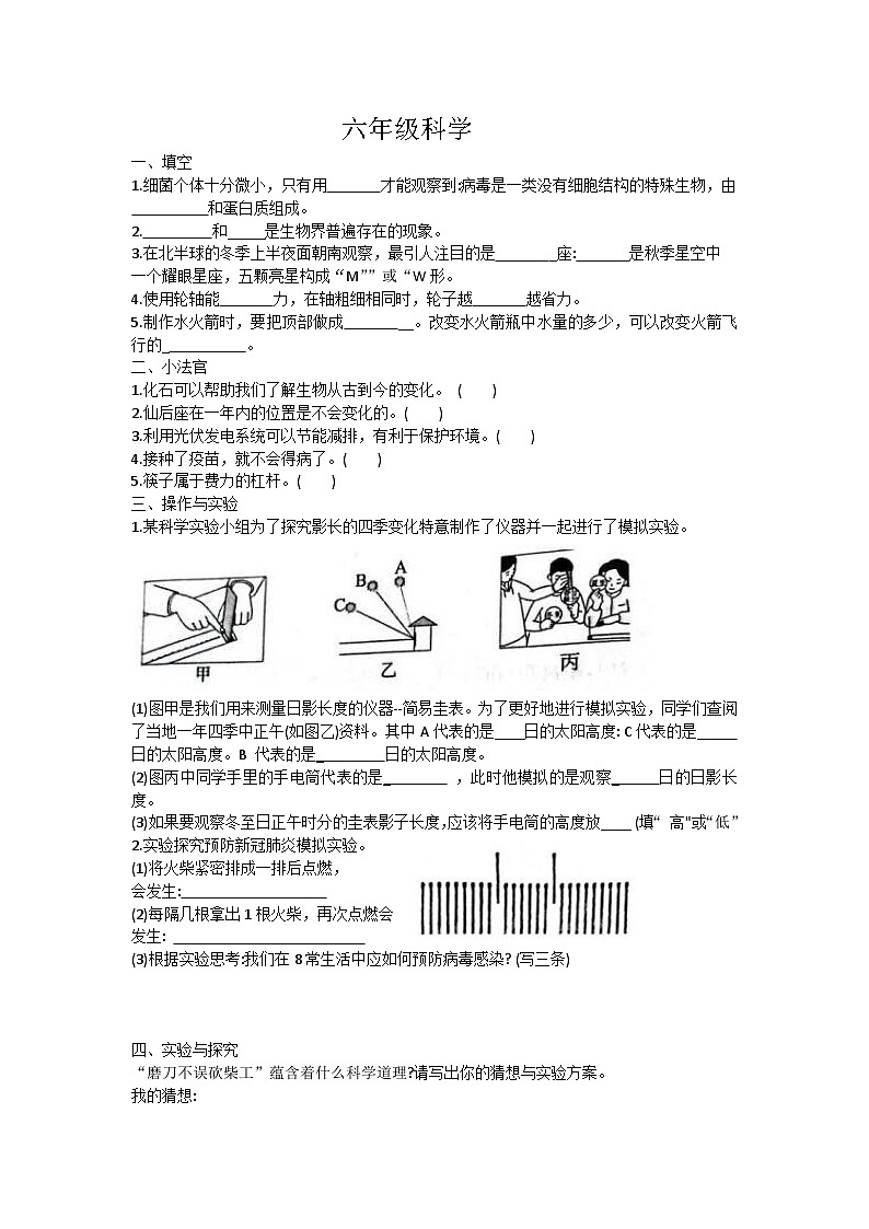 山东省临沂市蒙阴县2023-2024学年六年级上学期1月期末科学试题01