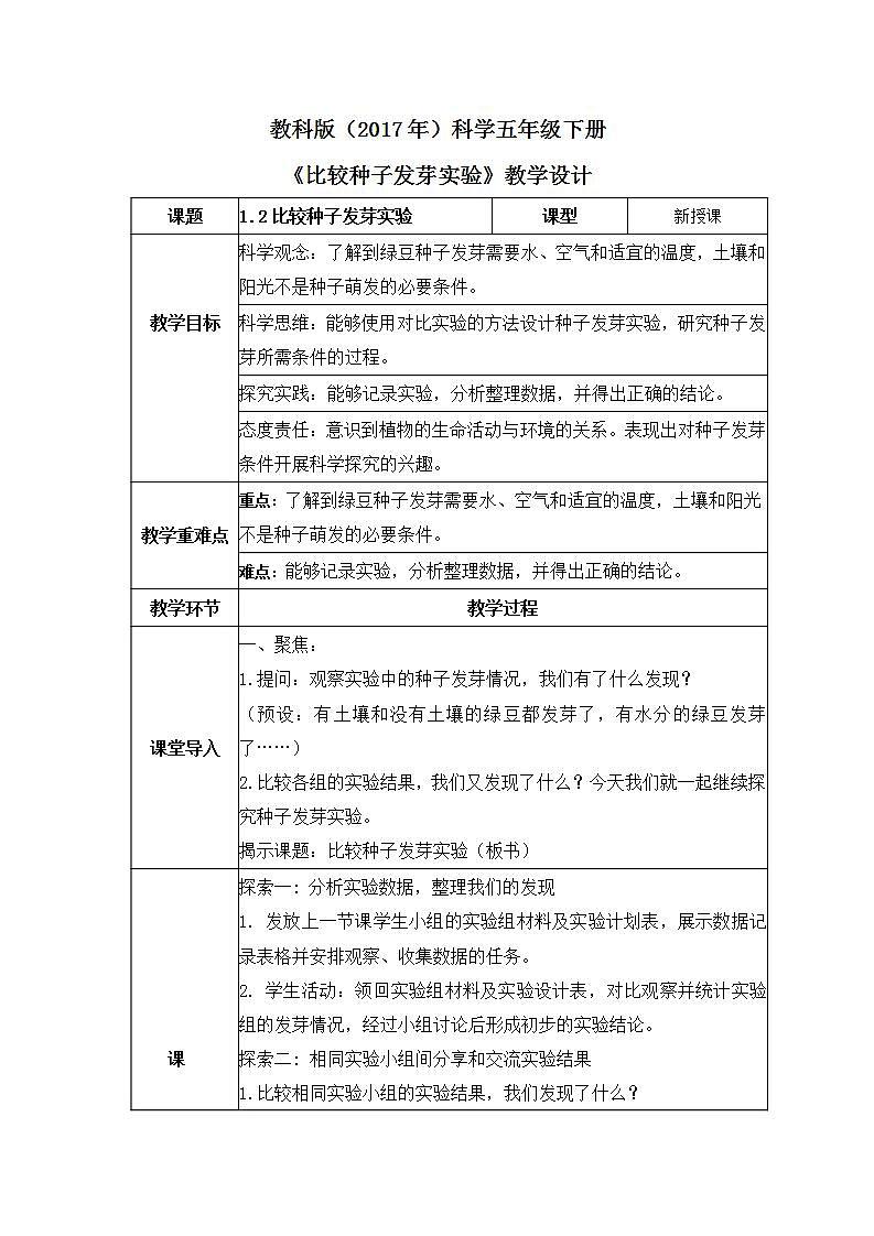 教科版科学五年级下册1.2《比较种子发芽实验》教案第1页