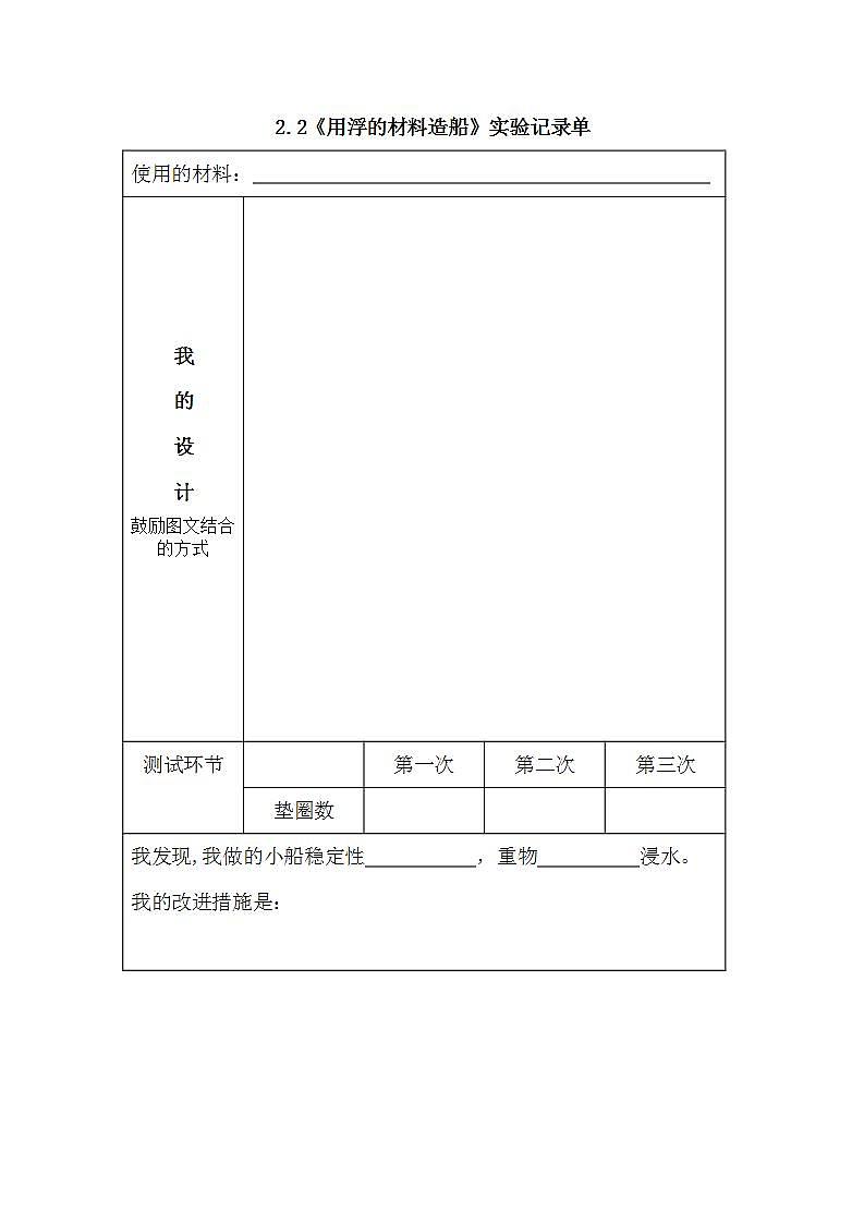 教科版科学五年级下册2.2《用浮的材料造船》教案（实验记录单）第1页