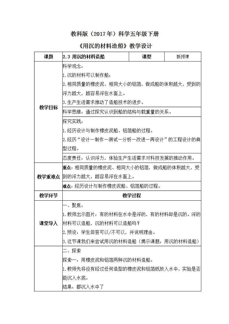 教科版科学五年级下册2.3《用沉的材料造船》课件+教案+练习01
