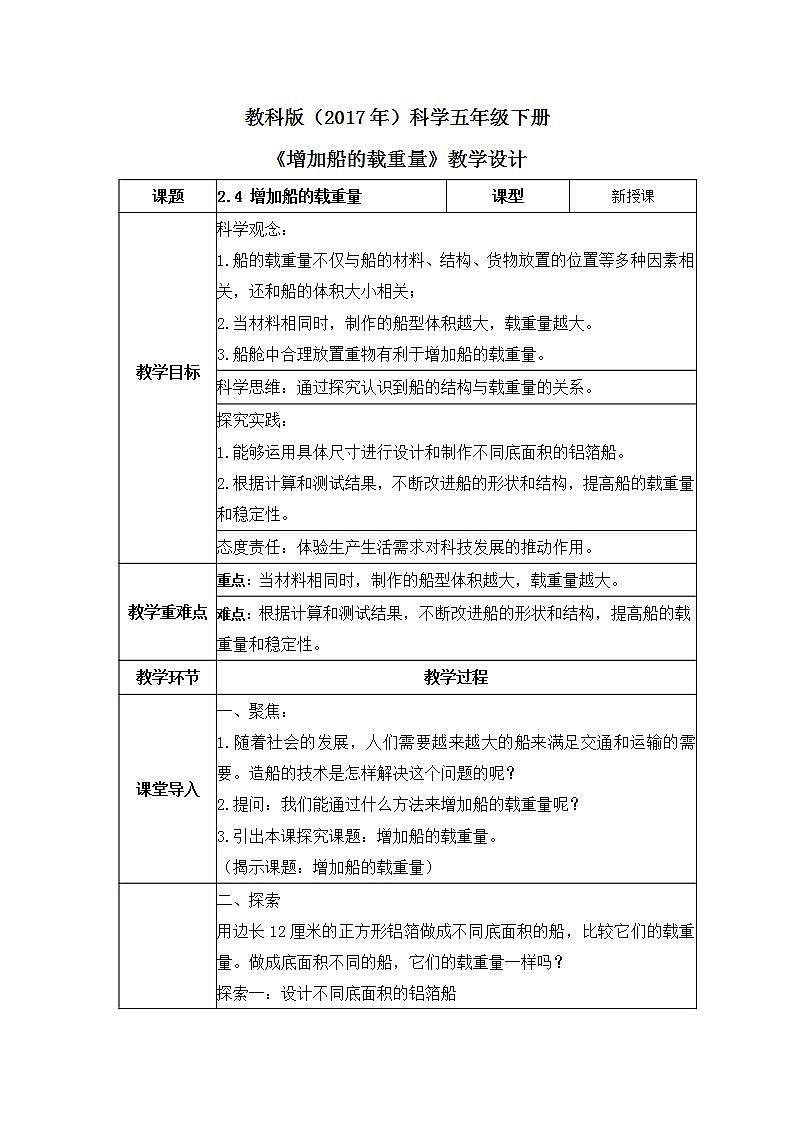 教科版科学五年级下册2.4《增加船的载重量》教案第1页